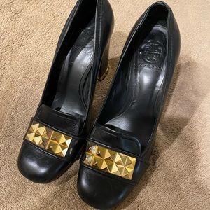 Tory Burch Black Leather/Gold Studded Lizzy Shoe - Good Used Condition